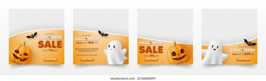 Set of 3d happy halloween sale banner template. special discount promotion sale offer with pumpkin, ghost on orange background. online shop, store, advertising, flyer, poster, web, social media post