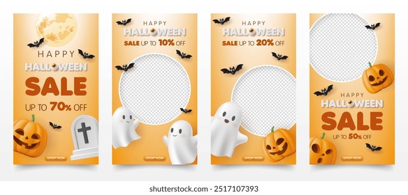 Conjunto de Plantilla de Anuncio de venta de halloween feliz 3d. oferta de venta de promoción de descuento especial con calabaza, fantasma sobre fondo naranja. tienda en línea, tienda, publicidad, volante, póster, Web, publicación en redes sociales