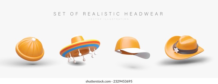 Juego de sombreros 3D. Sombrero de Beanie, sombrero de sombrero sombrero de sombrero, gorra de béisbol, sombrero de sheriff. Sombreros temáticos, festivos y cotidianos sobre fondo blanco. Imagen vectorial aislada. Iconos de color con sombras