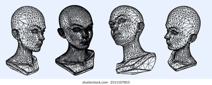 A set of 3d heads made of mesh. Illustration in techno futuristic style.