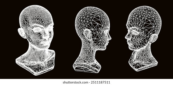 3D-Köpfe aus Mesh auf schwarzem Hintergrund. Illustration im futuristischen Techno-Stil.