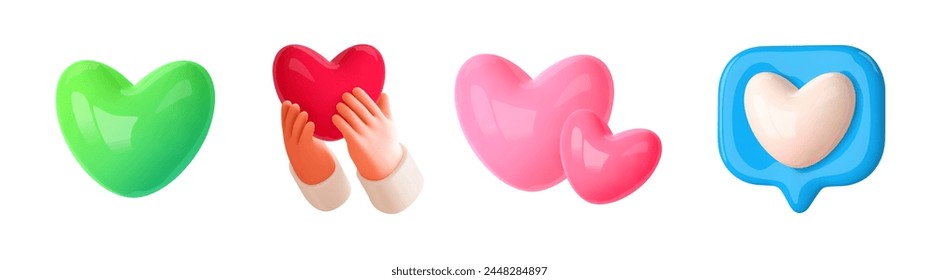 Set 3d heart icons. Hands hold or give red heart emoji, social media like, green and pink balloon friendly hearts. Concept love, health, charity,help, insurance. 3d design element. Vector illustration