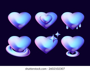 set of 3d heart shape vector illustration with hologram light vibrant glossy style