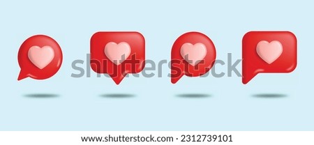 Set of 3d heart textboxes different forms. Love symbol in speech bubble for web. Like heart 3d vector icons .