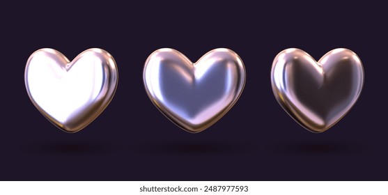 Conjunto de corazones 3D hechos de cromo, plata u otros metales brillantes. Perfecto para diseños de lujo, romance y temas de amor.