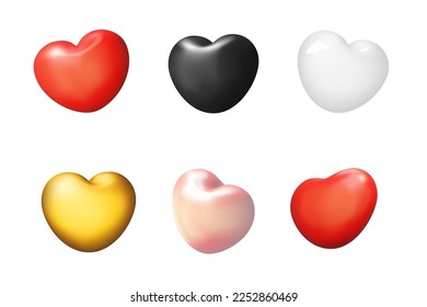 Set of 3D hearts of different colors isolated on a white background. Vector illustration.
