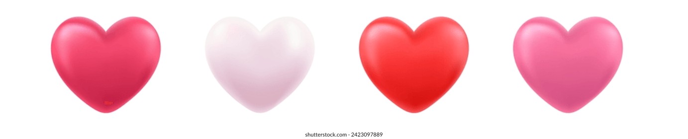 Set 3d hearts isolated on white background. Valentines day glossy balloon red, pink hearts. Realistic love symbol. Vector illustration