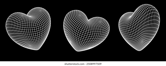 Set of 3D hearts made of wireframe on a dark background.