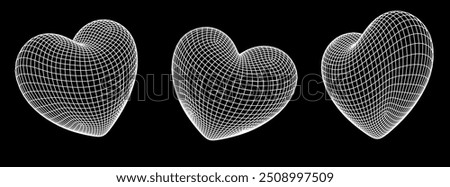 Set of 3D hearts made of wireframe on a dark background.