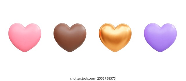 Set of 3d hearts in pink, brown, gold, and purple colors isolated on a white background. Vector icons