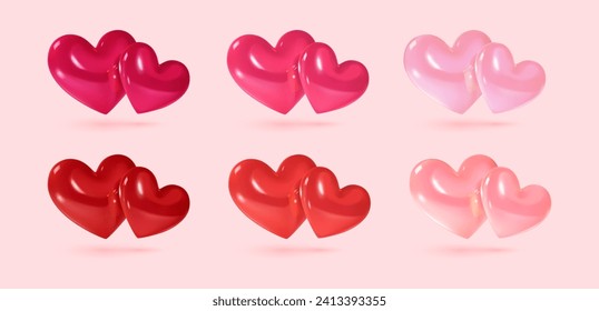 Set of 3d hearts. Realistic vector illustration of two shiny gloss red and pink hearts isolated on light rose background. Symbol of love, romantic, Valentines day and Wedding