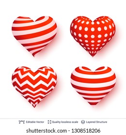 Set of 3D hearts with red and white patterns. Decorative love symbol isolated on white. Editable design elements.