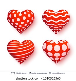 Set of 3D hearts with red and white patterns. Decorative love symbol isolated on white. Editable design element.