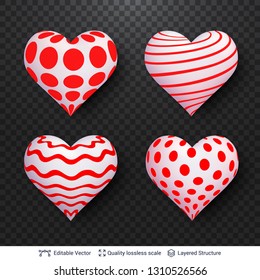 Set of 3D hearts with red and white patterns. Decorative love symbol isolated on dark background. Editable design element.
