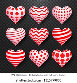 Set of 3D hearts with red and white patterns. Decorative love symbol isolated on dark background. Editable design element.