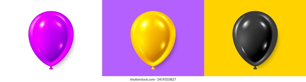 Set of 3d helium balloons. Party balloons event design decoration. Helium balloon for party decorations wedding, birthday, anniversary. Shine golden 3d balloon. Vector illustration