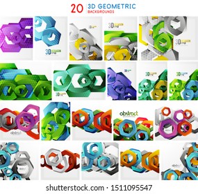 Set of 3d hexagon forms abstract backgrounds, geometric texture wallpaper collection, hexagonal web templates. Vector art