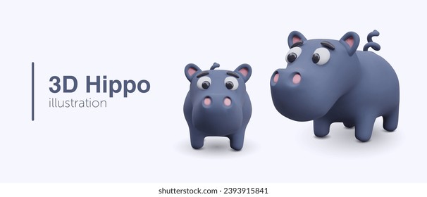 Set of 3D hippos, view from different sides. Cute colorful wild animal. Hippopotamus with twisted tail. Isolated vector image, cartoon style. Funny creature