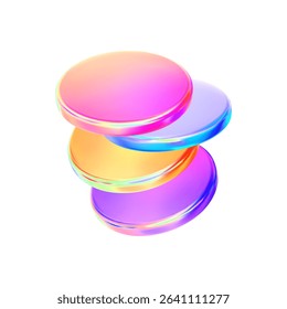 Set 3d hologram colorful disk liquid glass effect. Flying fluid pink, blue, yellow light glossy podium in row. Coin neon gradient. Holographic glass cylinder, disc, round shape. Vector illustration