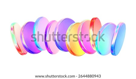 Set 3d hologram colorful disk liquid glass effect. Flying fluid pink, blue, yellow light glossy podium in row. Coin neon gradient. Holographic glass cylinder, disc, round shape. Vector illustration