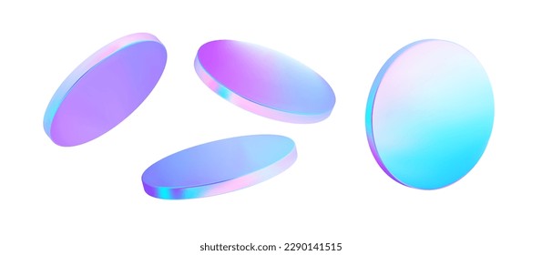 Set 3d hologram disk on isolated background. Flying fluid pink, blue, pastel podium. Holo glass cylinder shape. Vector illustration