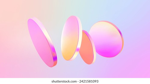 Set 3d hologram disk on holographic background. Flying fluid pink, blue, pastel podium. Abstract scene holo glass cylinder shape. Vector illustration