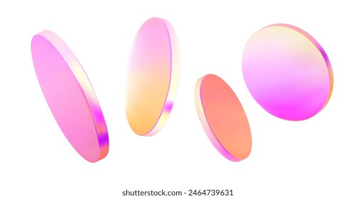 Set 3d hologram disk on isolated background. Flying pink neon holographic podium. Holo glass cylinder shape. Vector illustration