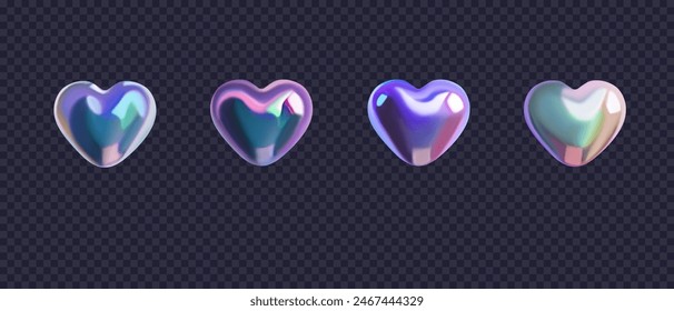 Conjunto de corazones de holograma 3d en estilo y2k. Vector metálico realista de símbolos de amor aislados sobre fondo transparente