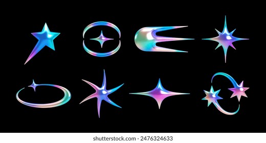 Conjunto de Formas abstractas holográficas 3d en estética y2k. Vector aislado símbolos - estrella, chispa, galaxia, cometa con arco iris brillante superficie de cromo para el retrofuturismo, cyberpunk cósmico, diseños de ciencia ficción