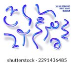 Set of 3d holographic abstract spiral shapes. Glossy geometric blue primitives with shadow on white background. Iridescent trendy design, thin film effect. Vector.