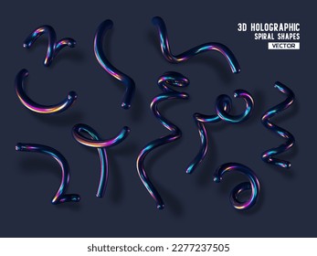 Set of 3d holographic abstract spiral shapes. Glossy geometric primitives with shadow on dark background. Iridescent trendy design, thin film effect. Vector.