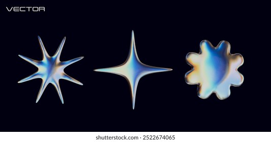 Conjunto de estrelas cromadas holográficas 3D em estilo Y2K. Estrelas 3D abstratas