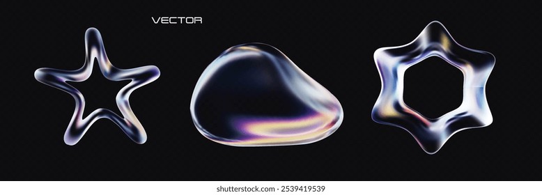 Set of 3D holographic fluid elements. Abstract glass liquid form. 3d vector illustration