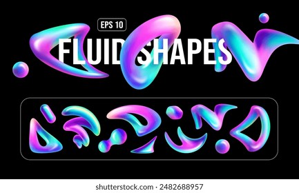 Set of 3D holographic fluid shapes. Isolated vector illustrations.