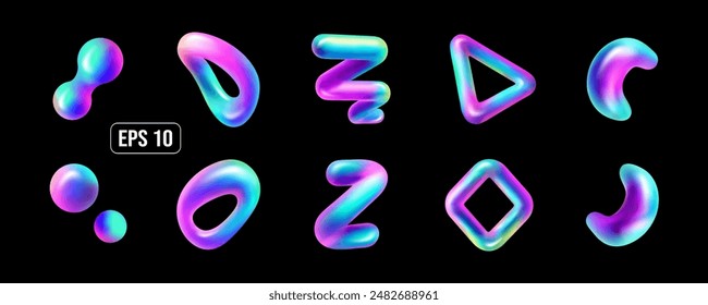 Conjunto de Formas de fluido holográfico 3D. Ilustraciones vectoriales aisladas.