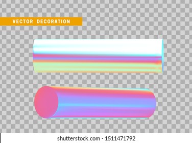 Set 3d holographic Geometric Shapes Objects round steel, bar, metal round timber. Realistic geometry elements on metallic color gradient. Render Decorative figure for design. vector illustration