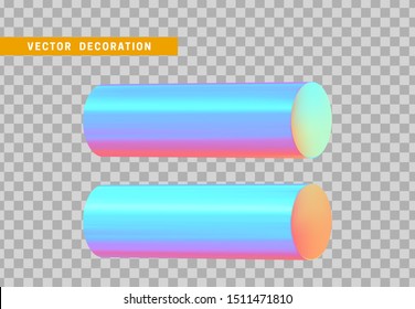 Set 3d holographic Geometric Shapes Objects round steel, bar, metal round timber. Realistic geometry elements on metallic color gradient. Render Decorative figure for design. vector illustration