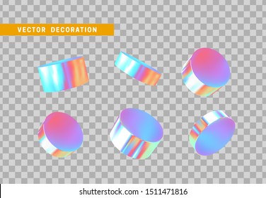 Set 3d holographic Geometric Shapes Objects round steel, bar, metal round timber. Realistic geometry elements on metallic color gradient. Render Decorative figure for design. vector illustration