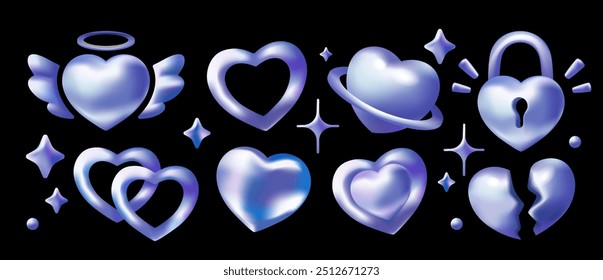 Set of 3d holographic hearts. Iridescent chromatic hearts of different shapes with wings, stars and planet ring. Modern design element in y2k style. Vector illustrations isolated on black background