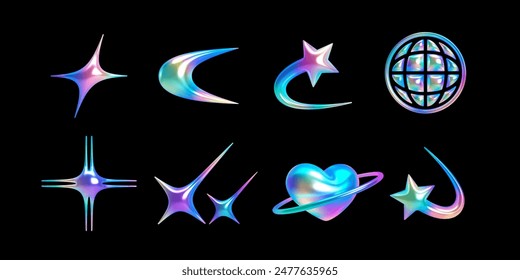 Set of 3d holographic shapes in y2k style. Includes stars, crescent, comet, globe, spark, and heart with ring. Shiny chrome elements with glossy surfaces for futuristic, sci-fi, cosmic, modern designs