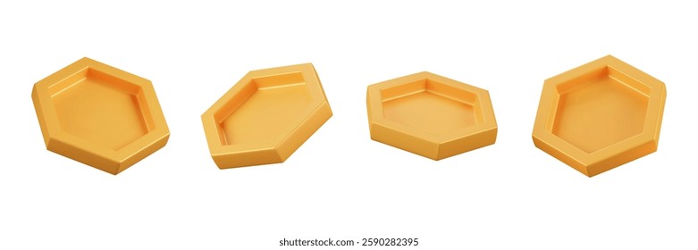 Set of 3d honey combs in different angles. Hexagon geometric shapes. Plastic wax cells. Vector cartoon isolated illustration. Element in plastic style.