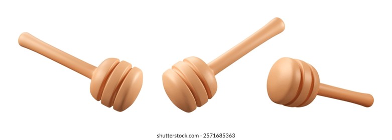 Set of 3d honey sticks. Wooden dipper. Vector cartoon isolated illustration. Element in plastic style.