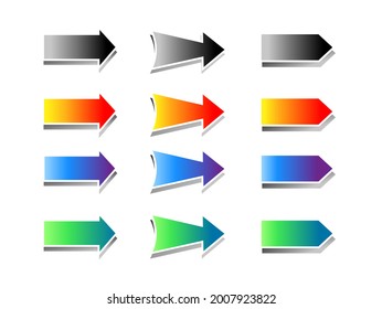 Un conjunto de flechas horizontales 3D de color arcoiris y monocromo. Estilo de papel.