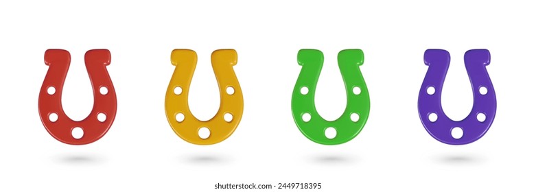 Set of 3D horseshoes of different colors. Bright decorative items for game concepts