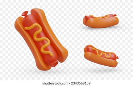 Set of 3D hot dogs with mustard. Long bun with sausage and sauce. Street, fast food. Isolated floating object in different positions. Vector image with shadows