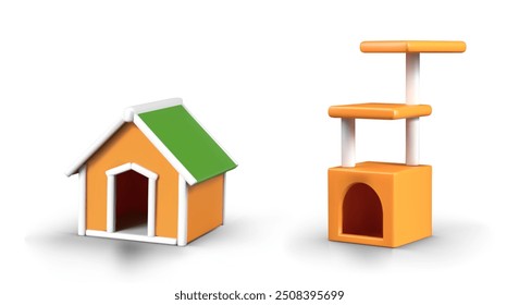 Conjunto de casas 3D para gato y perro. Perrera de Vector, casa alta con camas de varios niveles