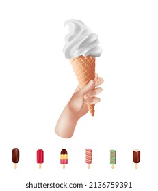 A set of 3d ice cream, A hand holding a horn of the International day of refusal from a diet. Several types of different ice cream, popsicle, cone for cooling in summer Vector realistic illustration
