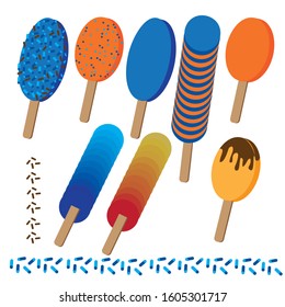 Set of 3D Ice Cream on stick in many flavor. Ice cream is chocolate, vanilla, fruit with sprinkle decor. Sprinkles pattern. Vector illustration