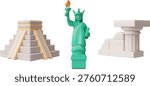 A set of 3D icon models of world landmarks, including a Mayan pyramid, the Statue of Liberty, and an ancient column. Cultural monuments of Mexico, the USA, and Europe. Travel, tourism. Vector.