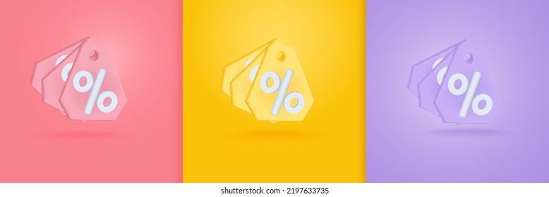 Set of 3d icon percent pink, yellow, and purple color. Market analysis investment sales online or interest rate bank. 3d vector illustration